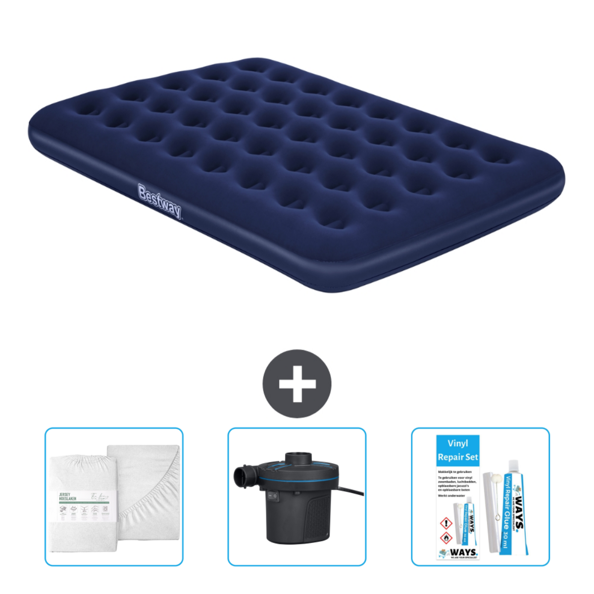 Marineblauwe luchtmatras met accessoires, inclusief wit beddengoed, een elektrische pomp en een vinylreparatieset.