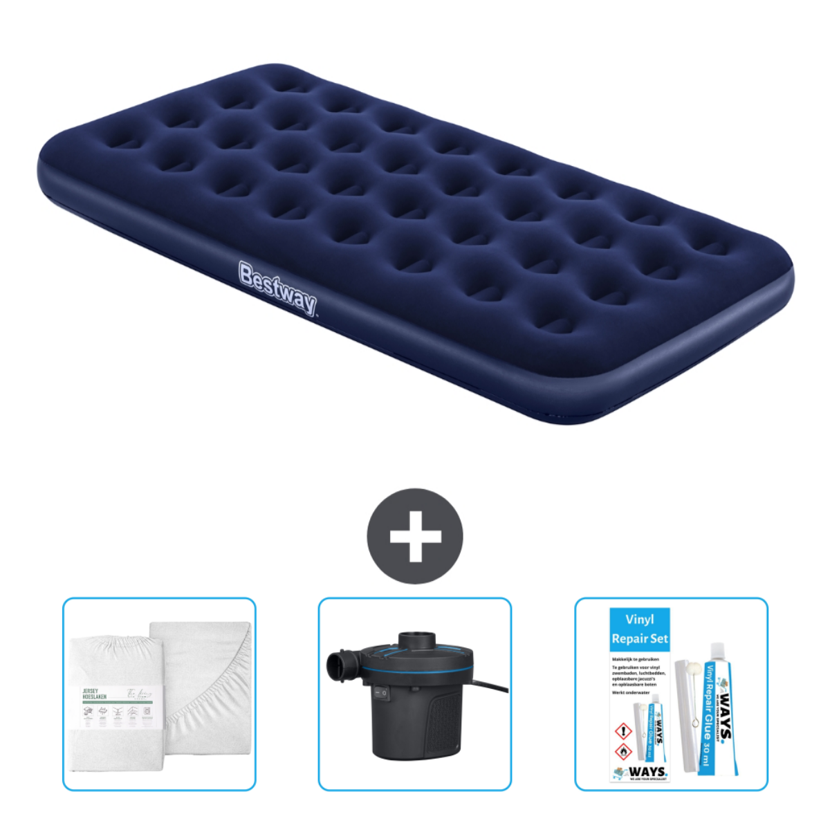Un lit gonflable bleu marine avec pompe, draps et kit de réparation. Le lit est sur fond blanc.