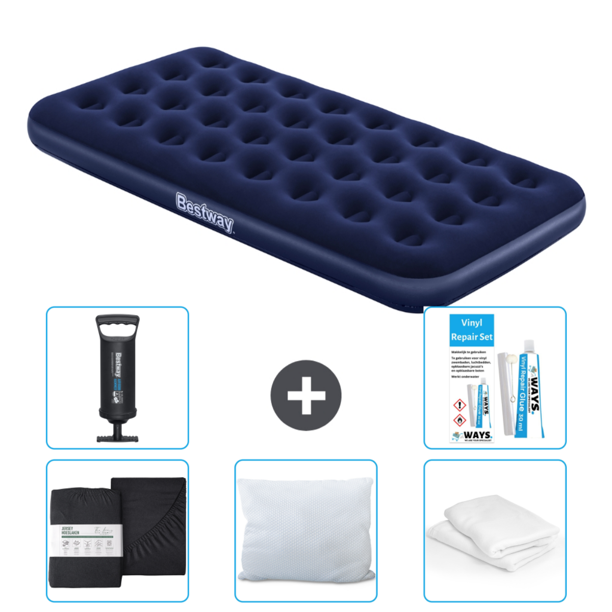 Zwart luchtbed met pomp, reparatieset en lakenpakket.