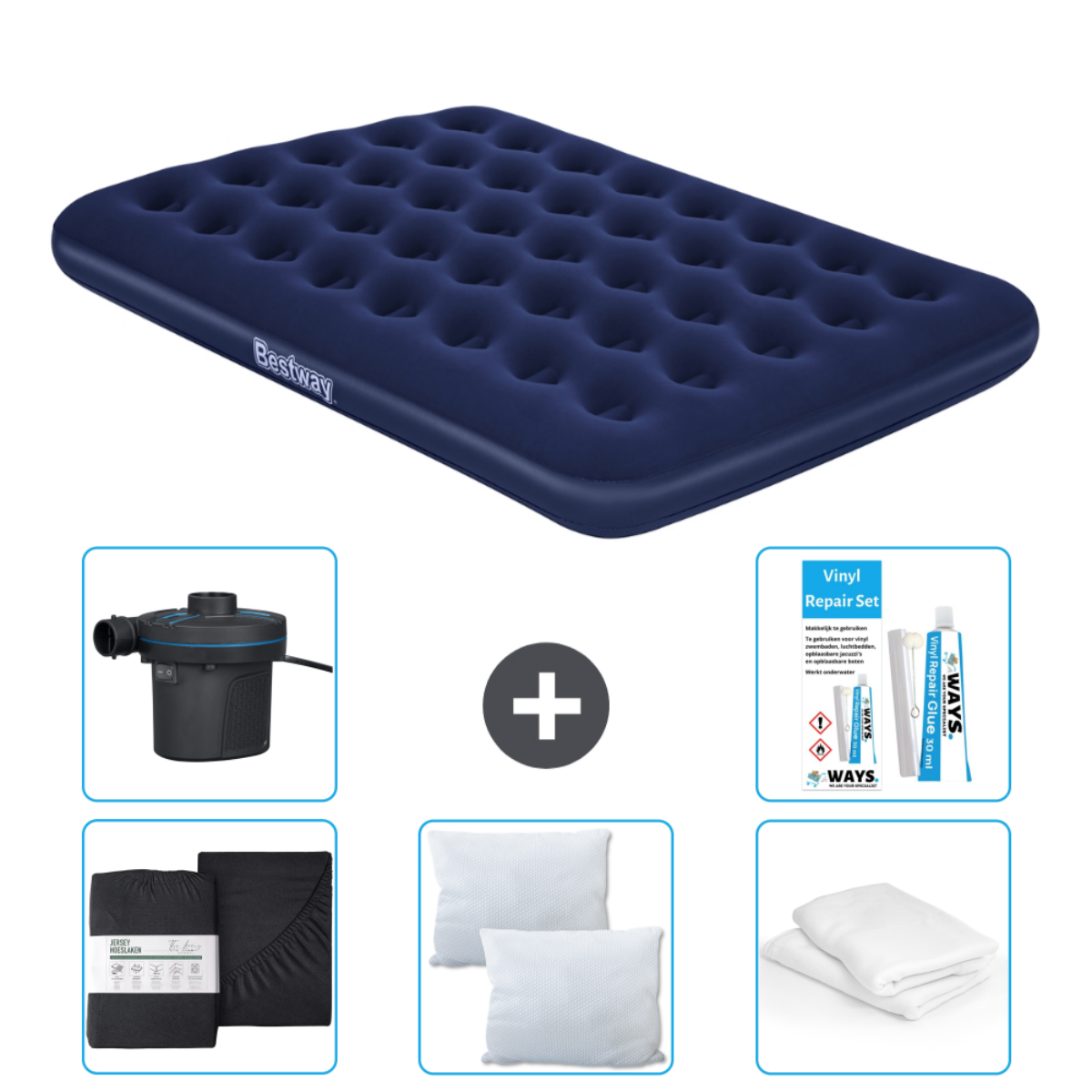 Un matelas gonflable bleu marine, une housse, une pompe, deux oreillers et un kit de réparation.