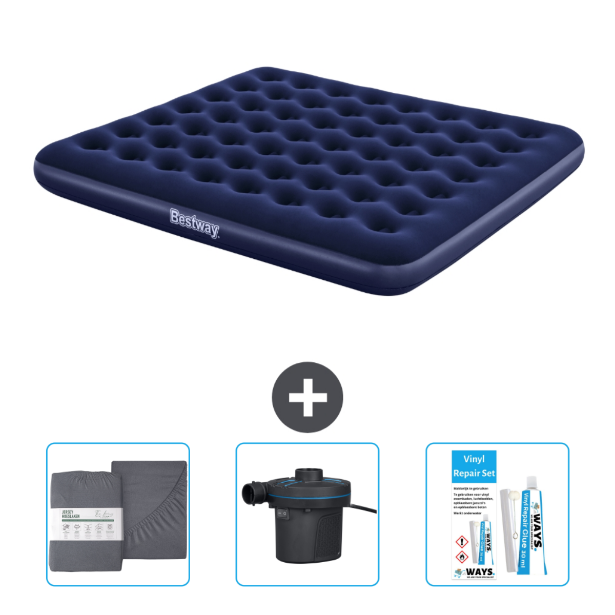 Matelas gonflable Bestway bleu marine, draps, pompe et kit réparation. Fond blanc.