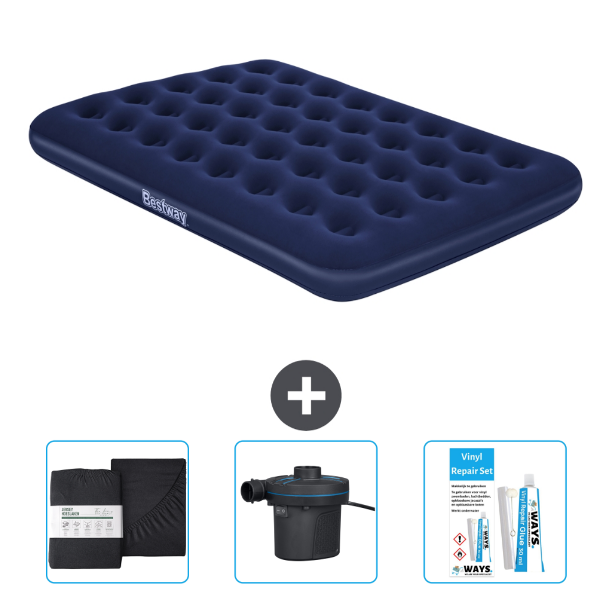 Marineblauwe luchtmatras met accessoires, waaronder zwart beddengoed, een elektrische pomp en een vinylreparatieset.