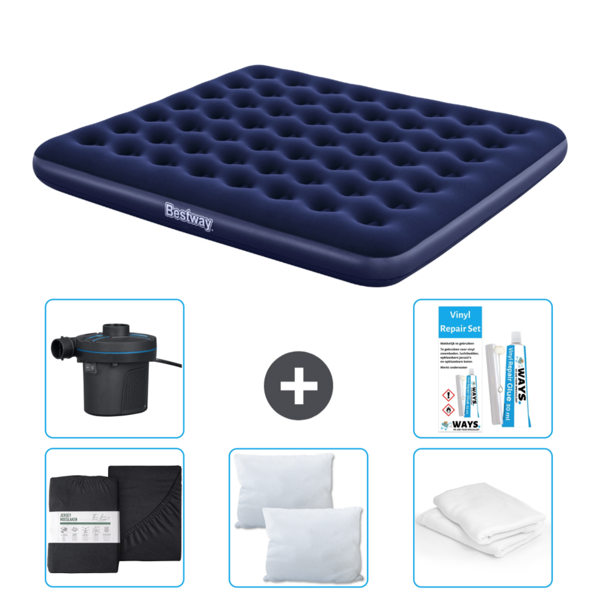Marineblauwe luchtmatras met Bestway-logo, elektrische pomp, reparatieset, kussens en lakens.