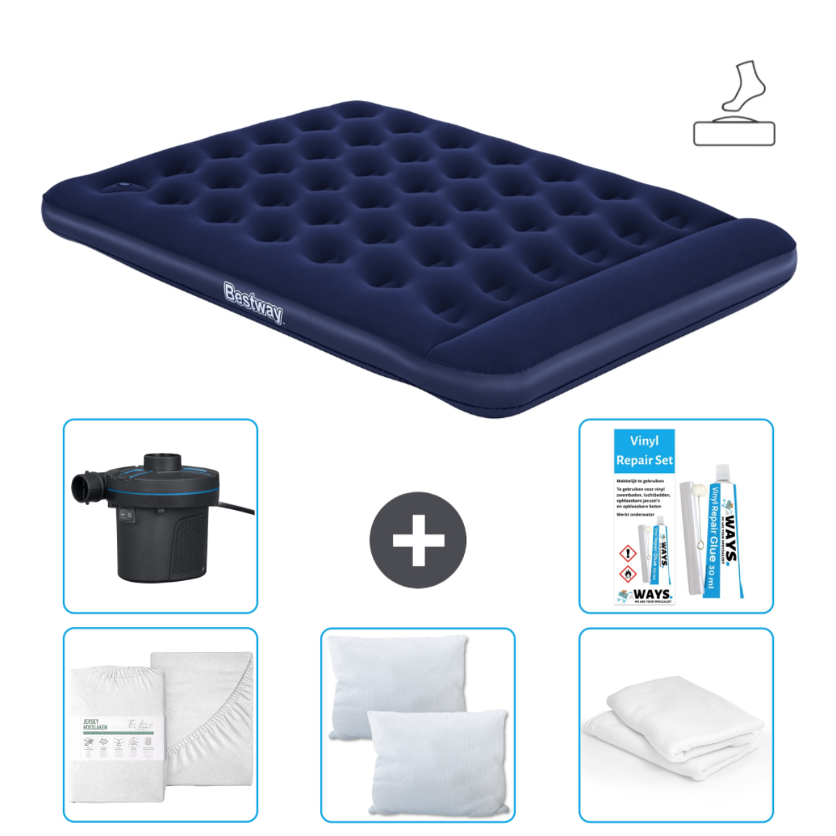Matelas gonflable bleu, avec pompe, draps, oreillers et kit de réparation.