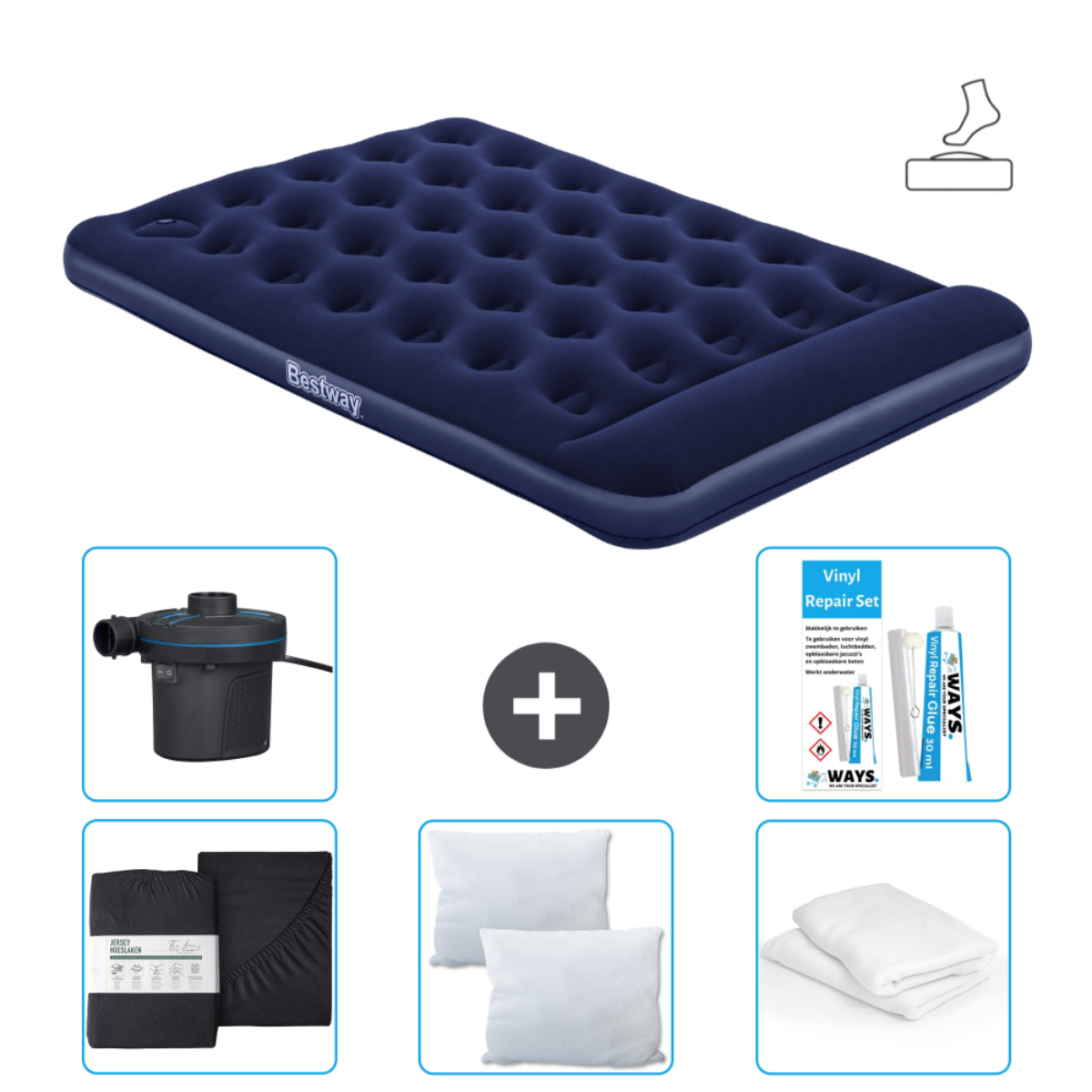 Matelas gonflable Bestway bleu avec accessoires : draps, oreiller, pompe et kit de réparation.