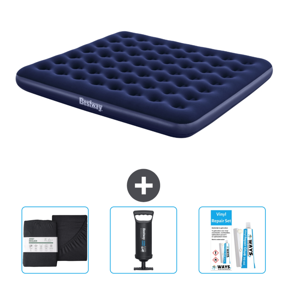 Opblaasbed met lakenset, pomp en reparatieset. Merk Bestway.