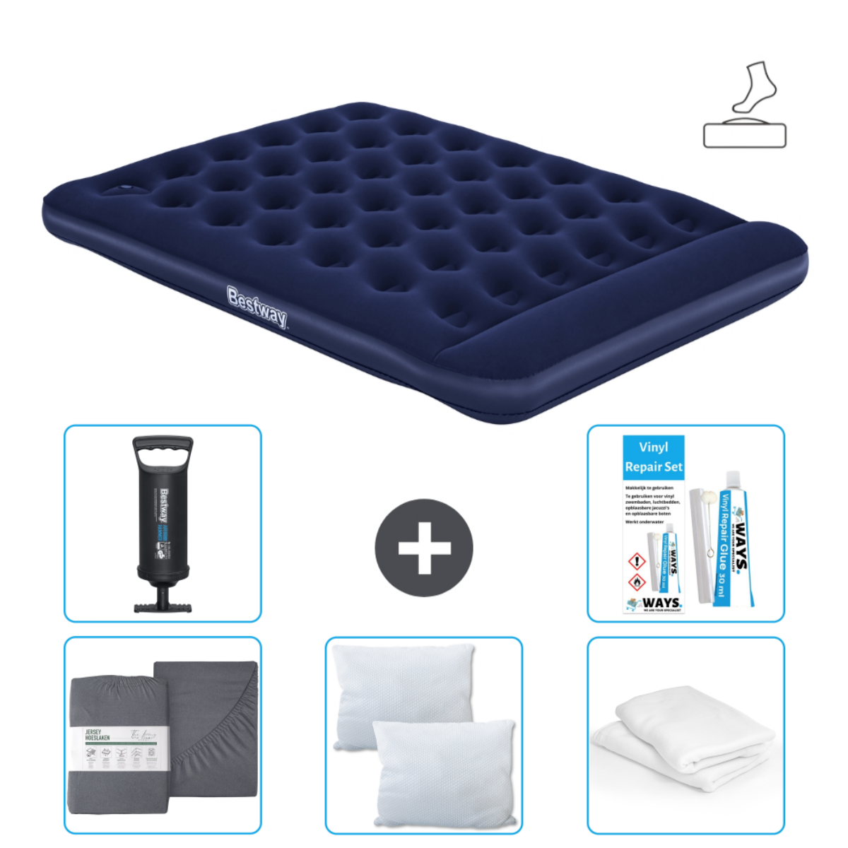Matelas gonflable bleu marine, pompe, draps, oreillers et kit de réparation. Fond blanc.