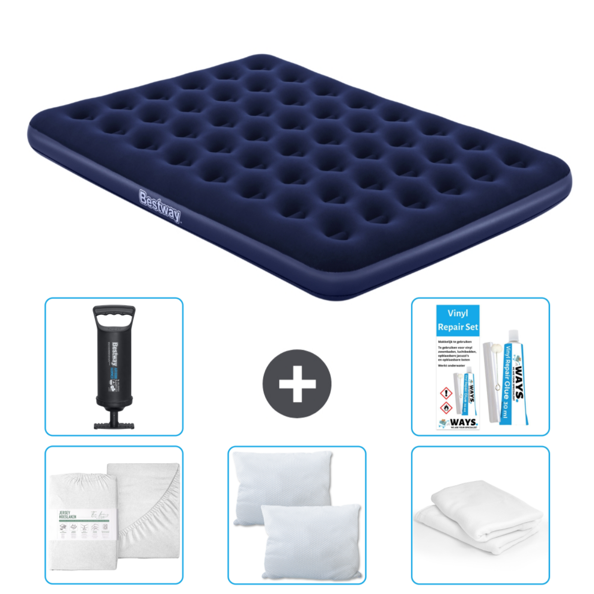 Blauw Bestway opblaasbaar matras met accessoires: pomp, lakens, kussens en reparatieset. Witte achtergrond.