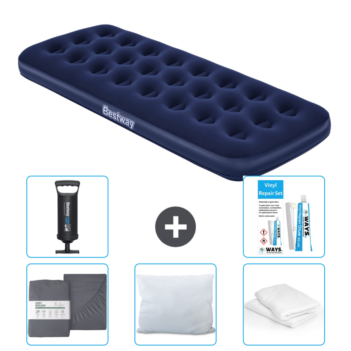 Blauwe Bestway luchtmatras met accessoires: lakens, kussen, pomp en reparatieset.