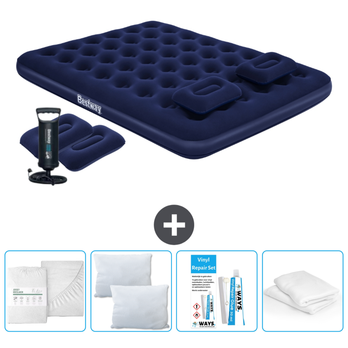 Matelas gonflable bleu, avec pompe, draps, oreillers et un kit de réparation.