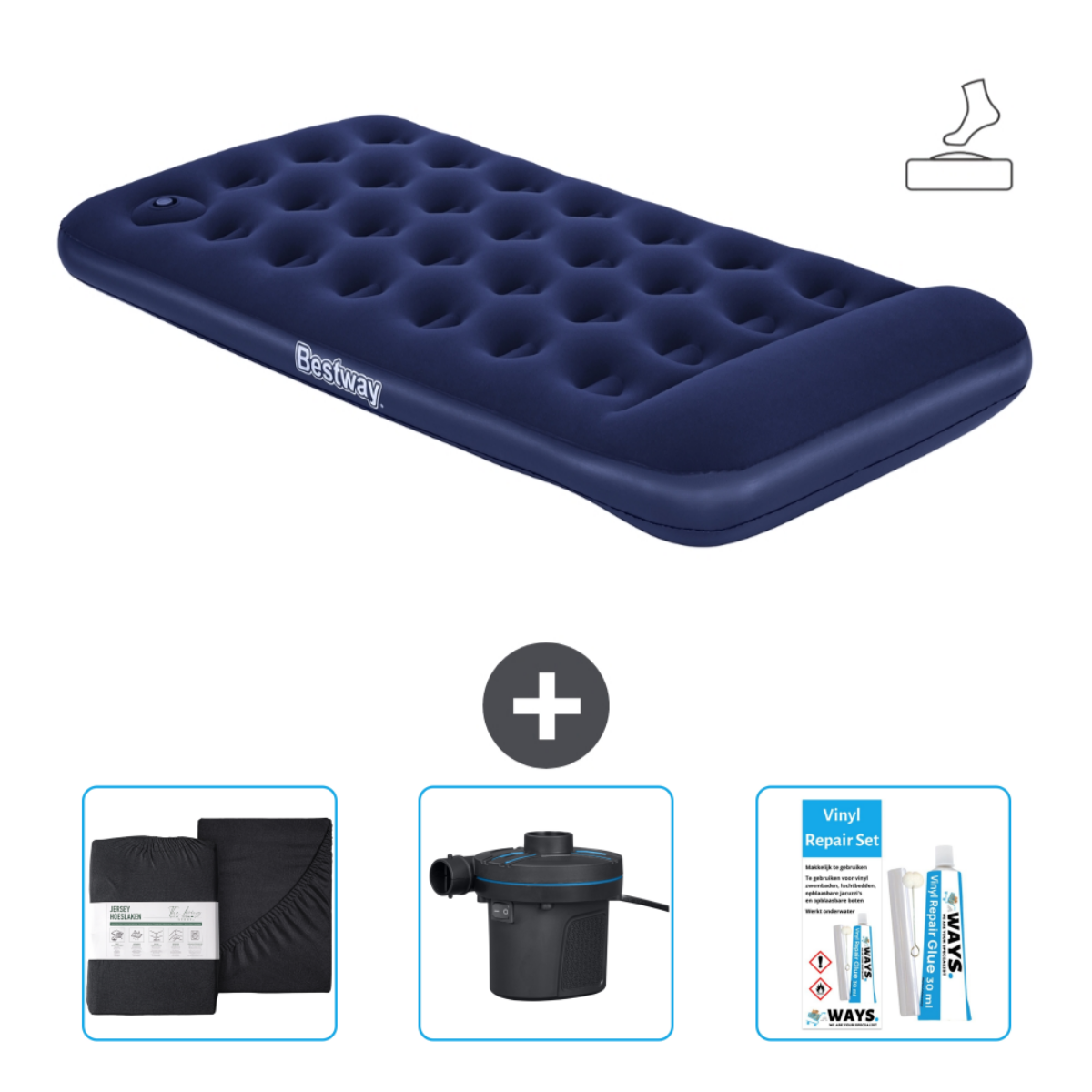 Donkerblauwe Bestway luchtmatras met accessoires, waaronder een pomp en reparatieset.