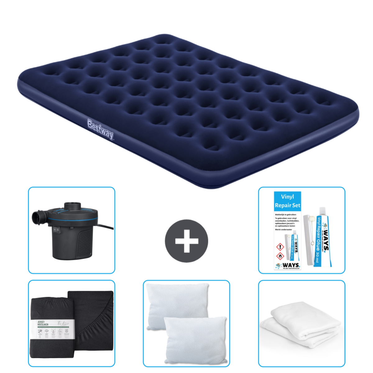 Matelas gonflable Bestway bleu avec accessoires : draps, oreiller, pompe et kit de réparation.
