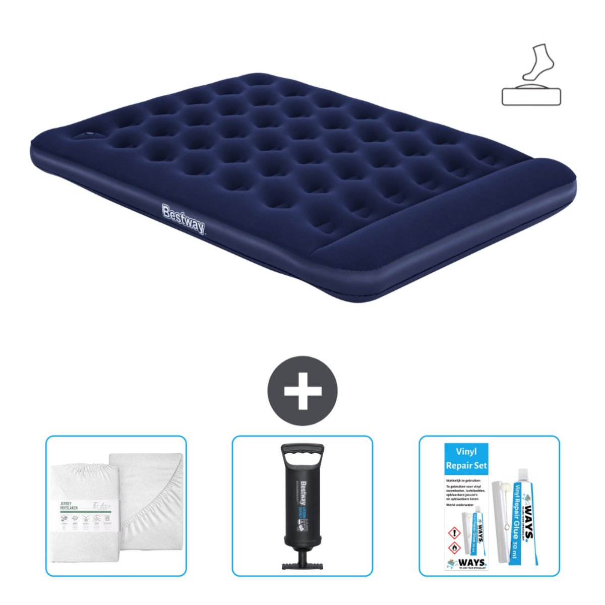 Matelas gonflable bleu, avec pompe, draps, oreillers et kit de réparation.
