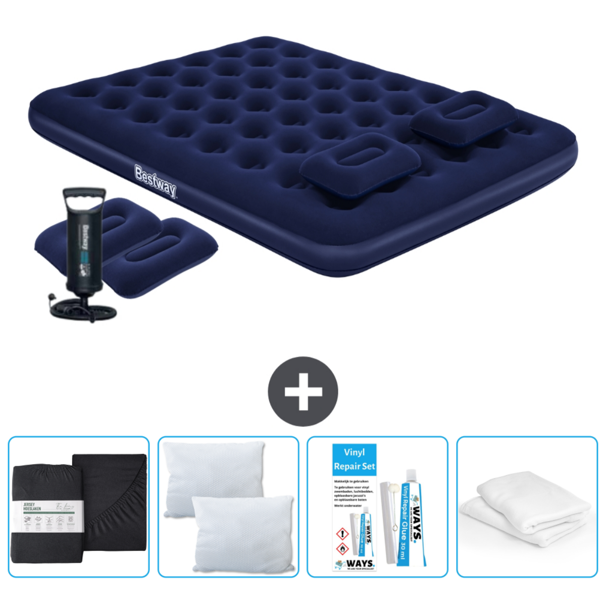Marineblauwe opblaasbare matras met Bestway-logo, kussens, pomp, reparatieset en lakens.