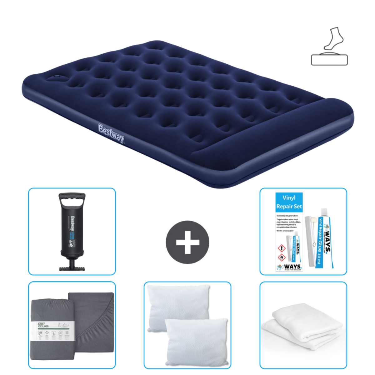 Matelas gonflable bleu marine avec logo Bestway, comprend pompe, draps, oreillers, kit de réparation et couverture pliée.