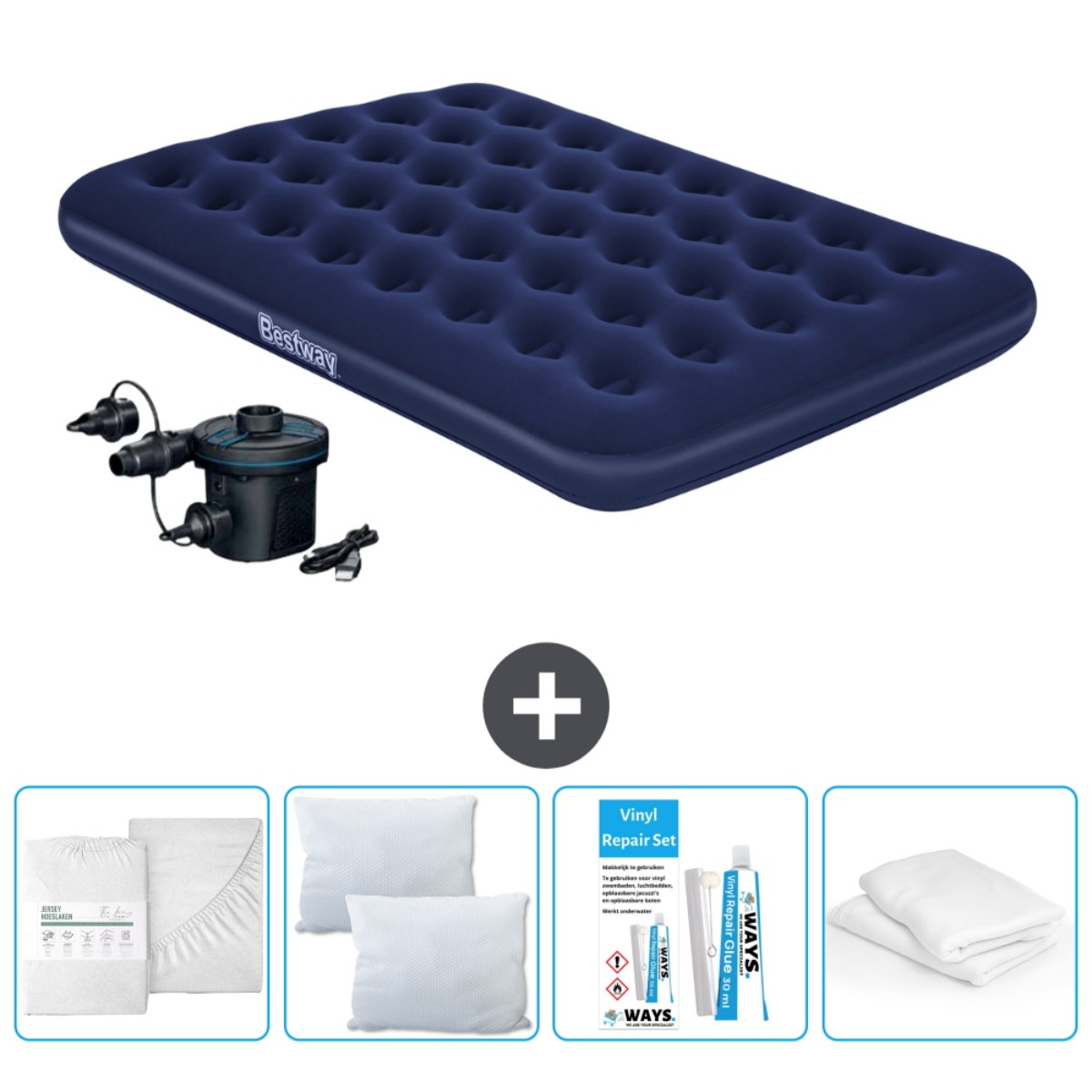 Matelas pneumatique bleu avec pompe, draps, oreillers et kit de réparation.