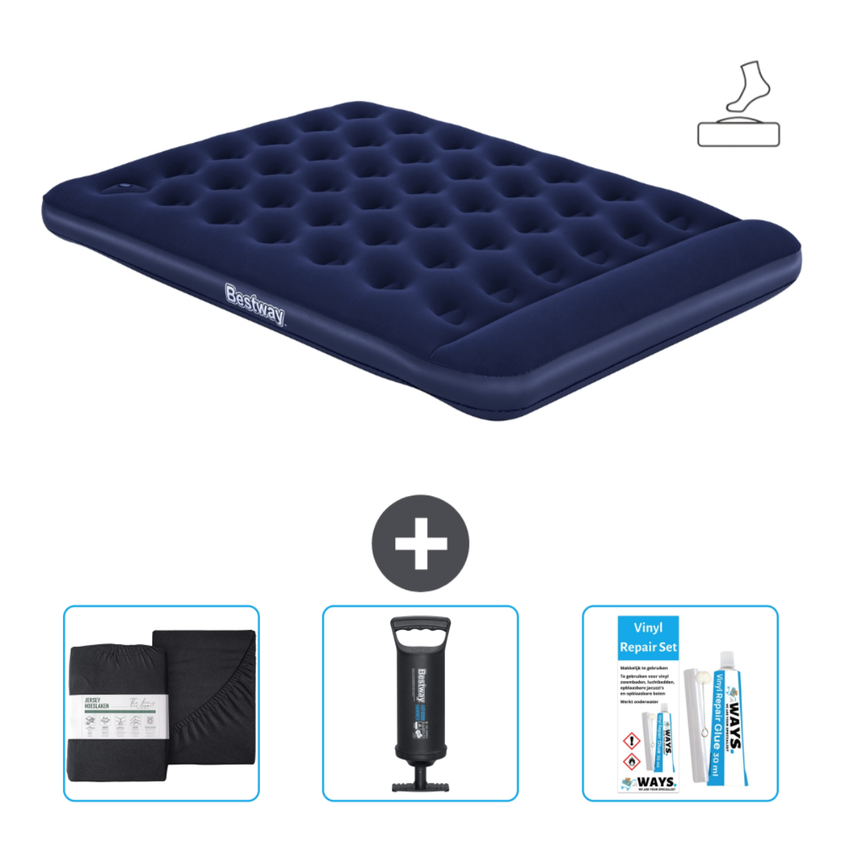 Lit gonflable avec ensemble de draps, pompe et kit de réparation. Bestway.