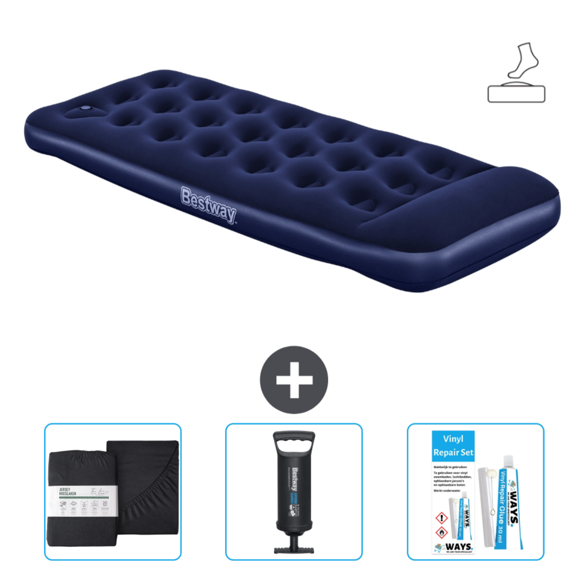 Marineblauwe Bestway luchtmatras met accessoires.