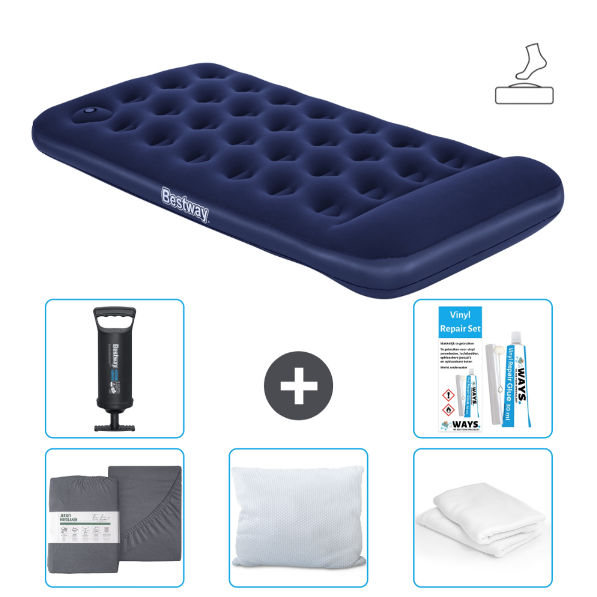 Matelas gonflable bleu avec accessoires: pompe, draps, oreiller, kit. Marque Bestway.