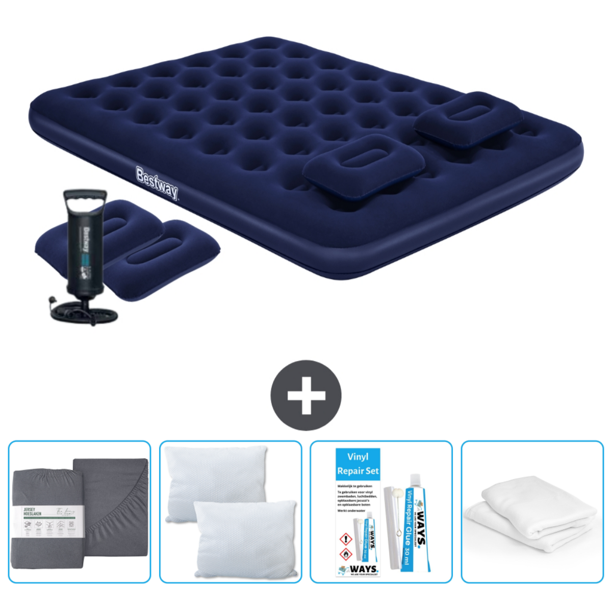 Matelas gonflable bleu Bestway avec accessoires : pompe, draps, oreillers et kit de réparation.