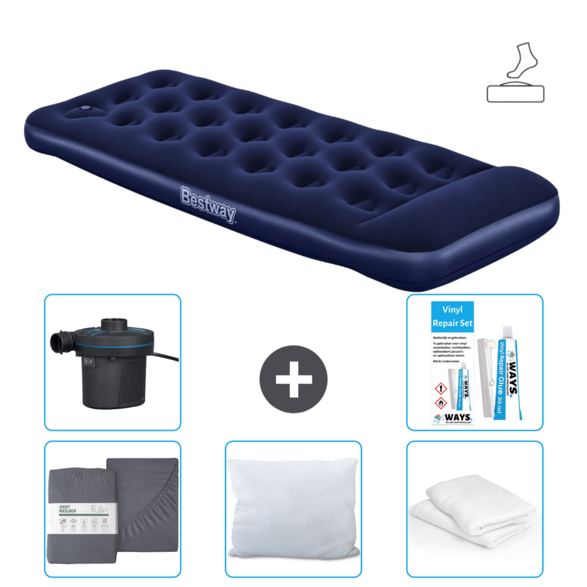 Matelas gonflable bleu marine, pompe électrique, draps, oreillers, kit réparation et symbole pied.