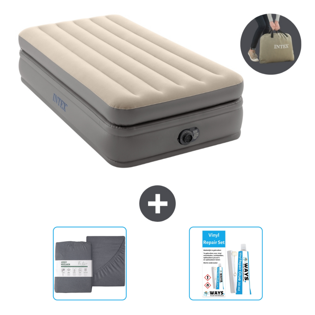 Zandkleurige en grijze Intex luchtmatras, inclusief draagtas, lakens en een reparatieset.