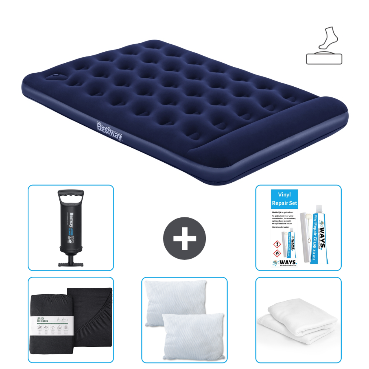 Marineblauwe Bestway luchtmatras met accessoires, kussens en reparatieset.