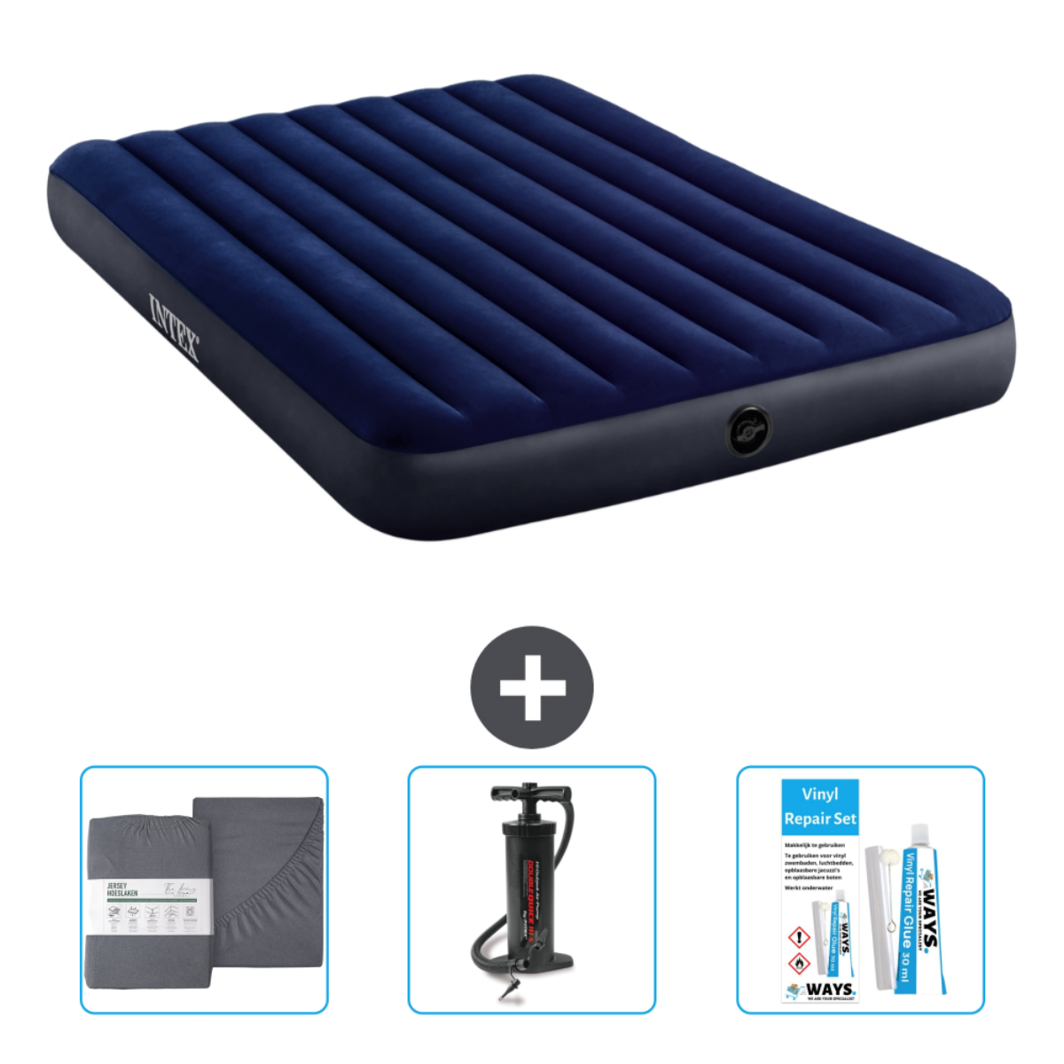 Marineblauwe luchtmatras met lakens, reparatieset en pomp.