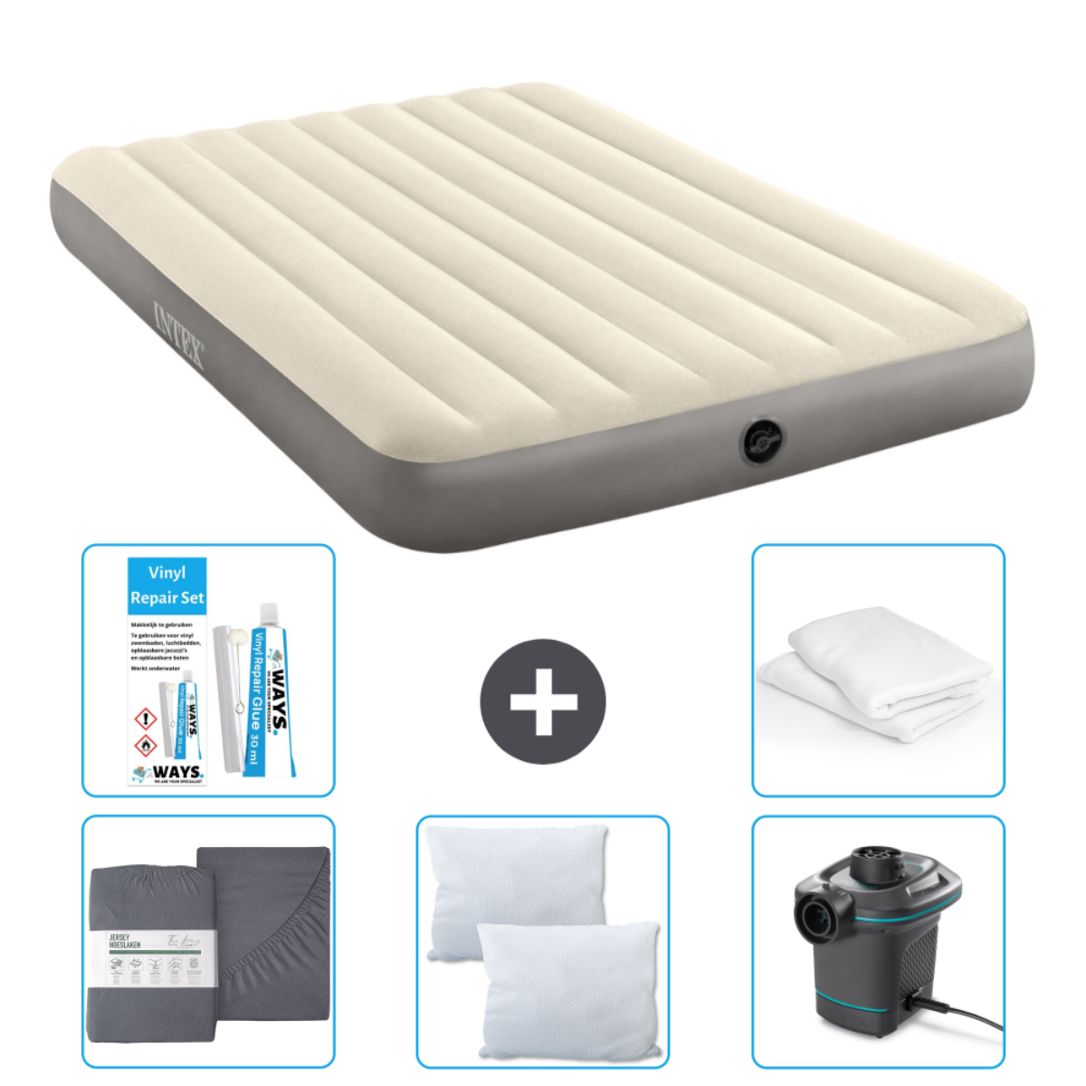 Matelas gonflable beige, kit de réparation, draps, oreillers et une pompe.