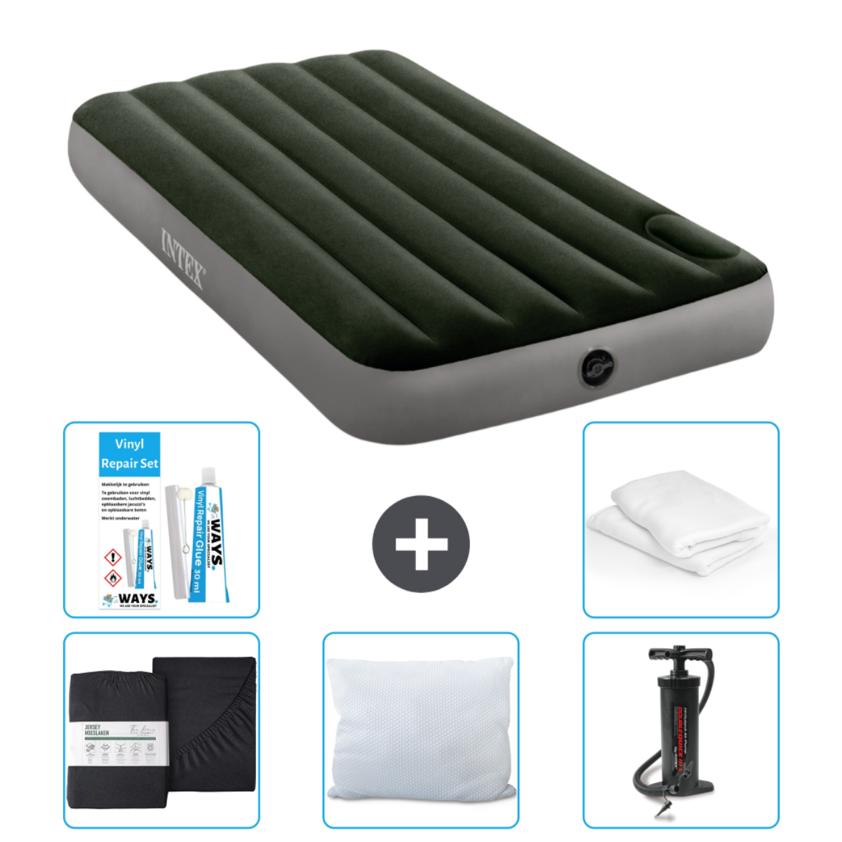 Matelas gonflable Intex vert foncé avec accessoires, pompe, draps et kit de réparation.