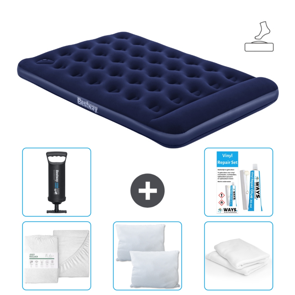 Matelas gonflable bleu marine avec logo Bestway, comprend pompe, draps, oreillers, kit de réparation et couverture pliée.