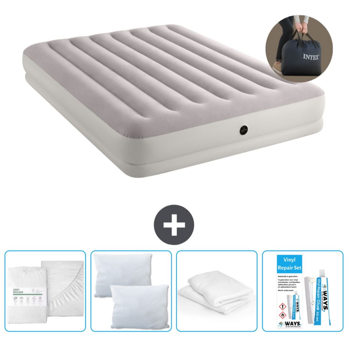 Matelas gonflable gris avec accessoires : literie blanche, oreillers, kit réparation et sac tenu par une personne.