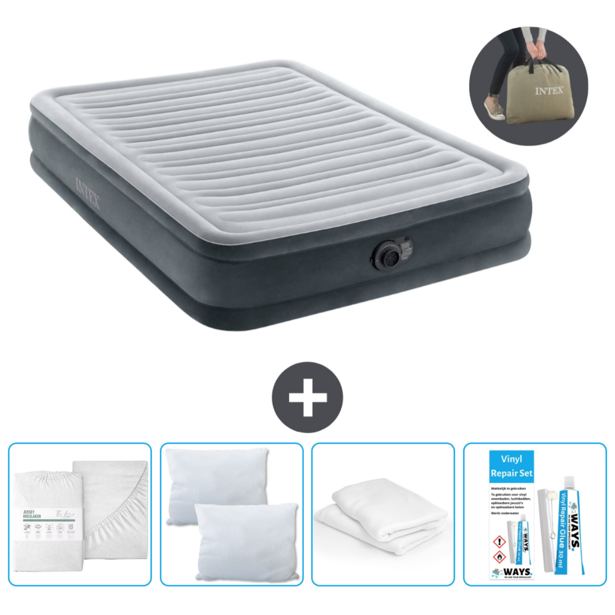 Matelas gonflable gris avec oreillers, draps, kit de réparation et sac de transport.