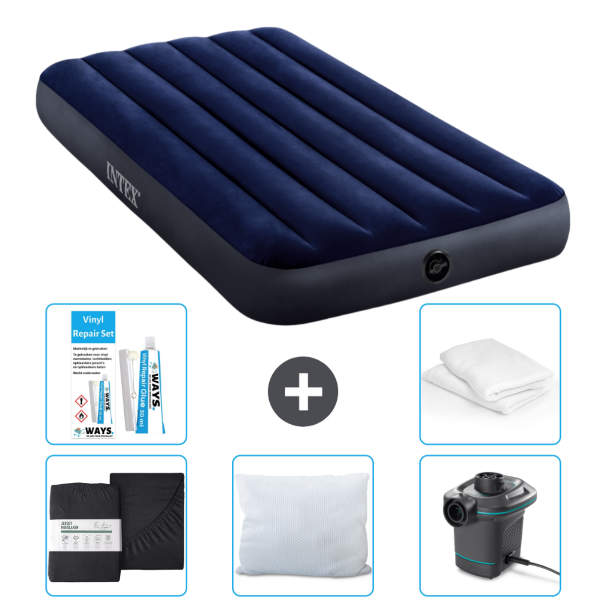 Matelas gonflable bleu marine, kit de réparation, draps, oreillers et une pompe.
