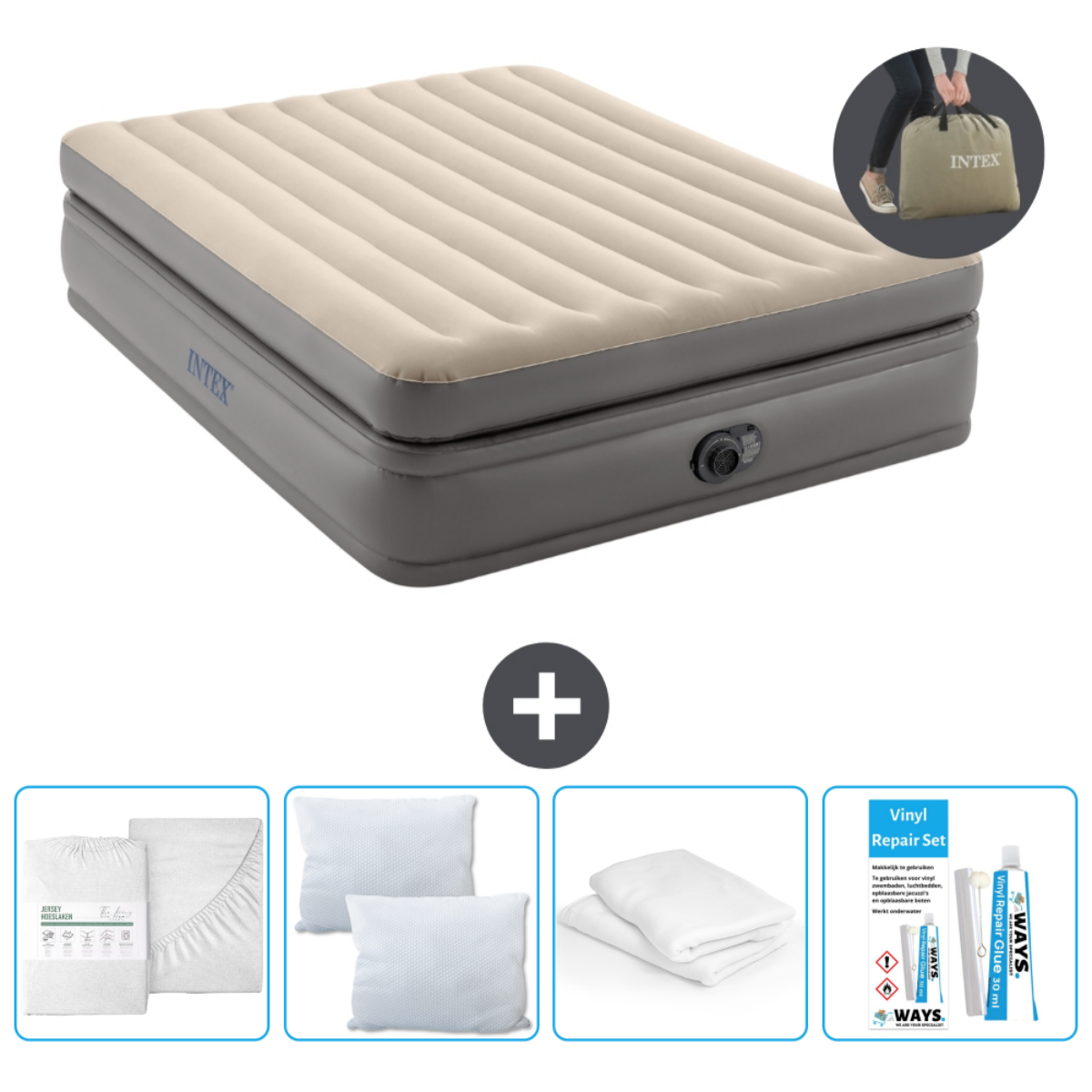 Beige luchtmatras met kussens, lakenset en reparatieset.