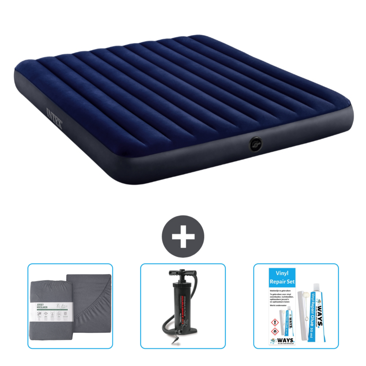 Matelas gonflable Intex bleu foncé, comprend draps, pompe et kit de réparation.