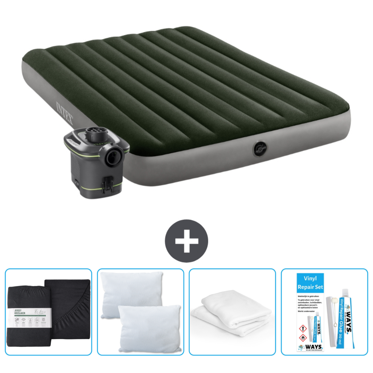 Matelas gonflable Intex vert avec pompe, draps, oreillers et kit de réparation.