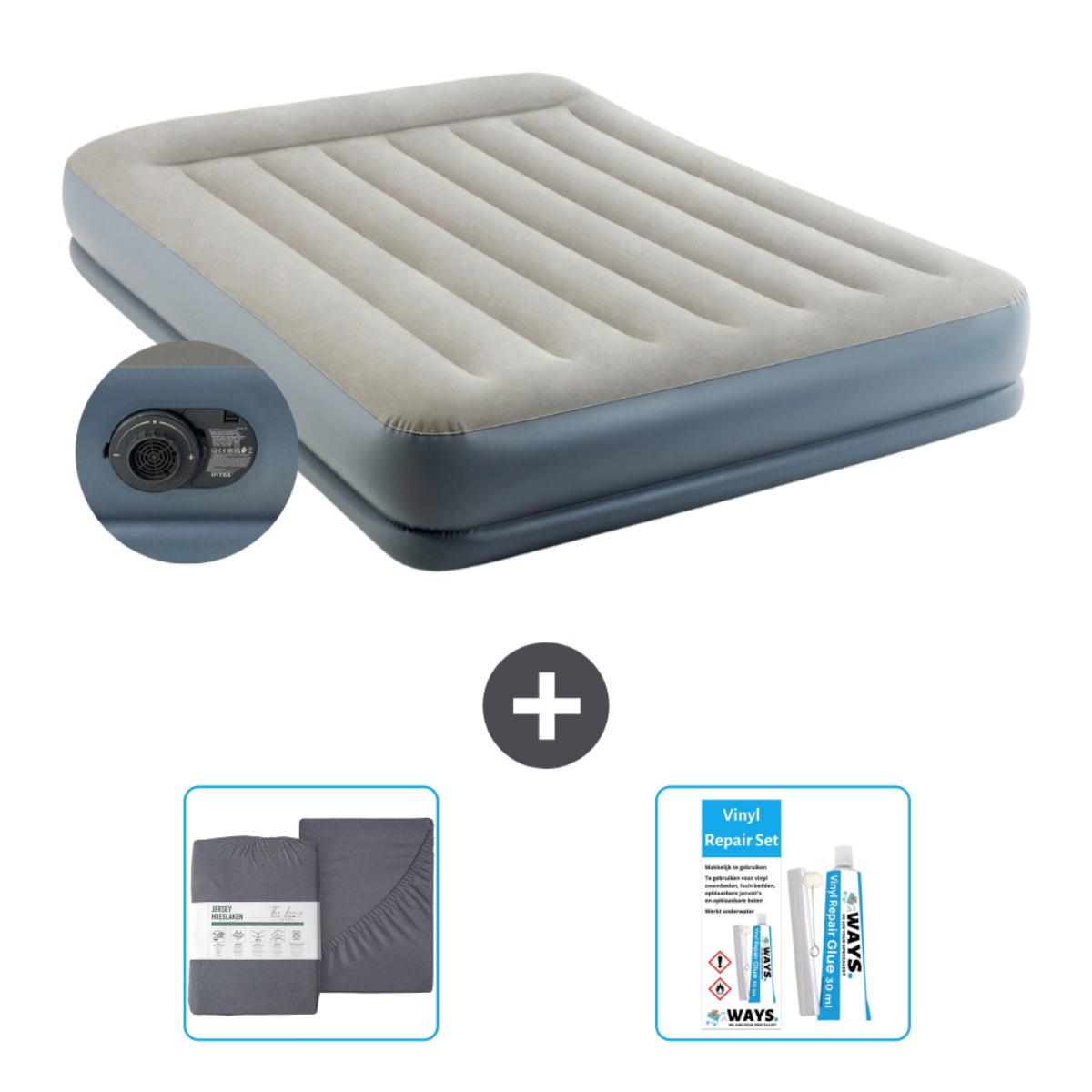 Matelas pneumatique Intex avec design gris et beige, accessoires et kit de réparation.