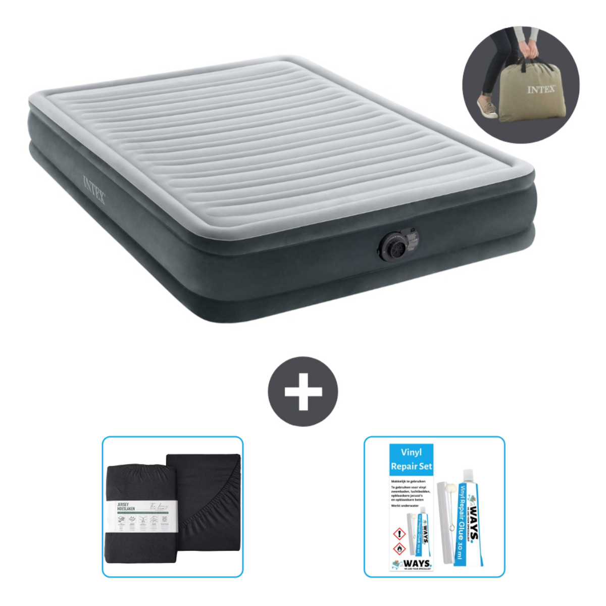 Grijs Intex luchtmatras met een tas, inclusief lakens en een reparatieset.
