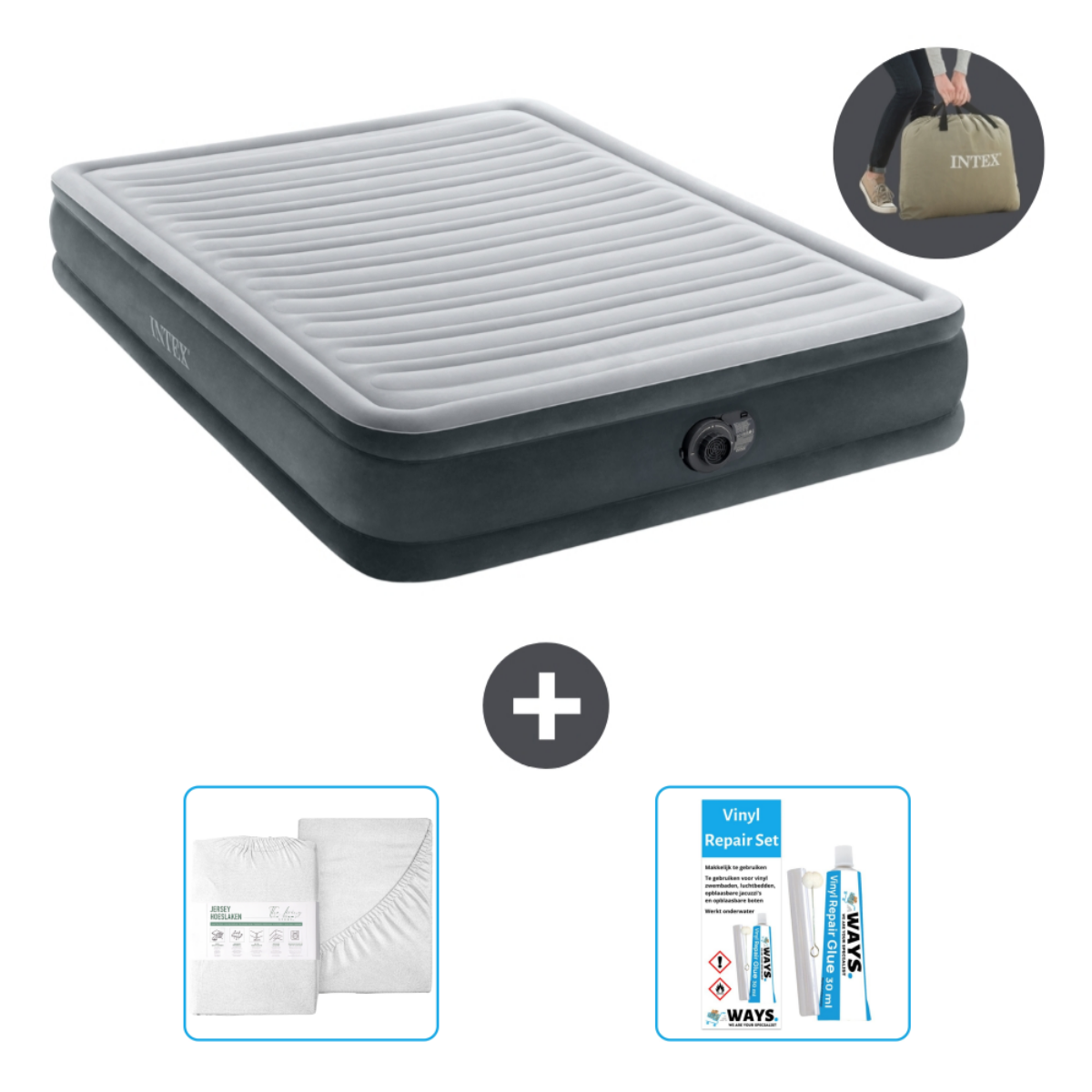 Matelas gonflable gris avec draps, kit de réparation et sac de transport.