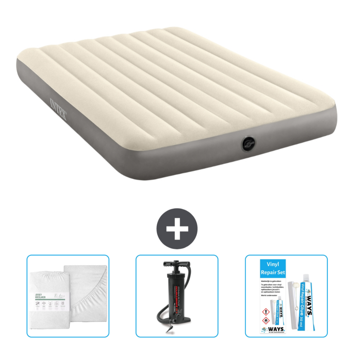 Beige luchtbed met accessoires. Inclusief lakens, pomp en reparatieset. Merk Intex.