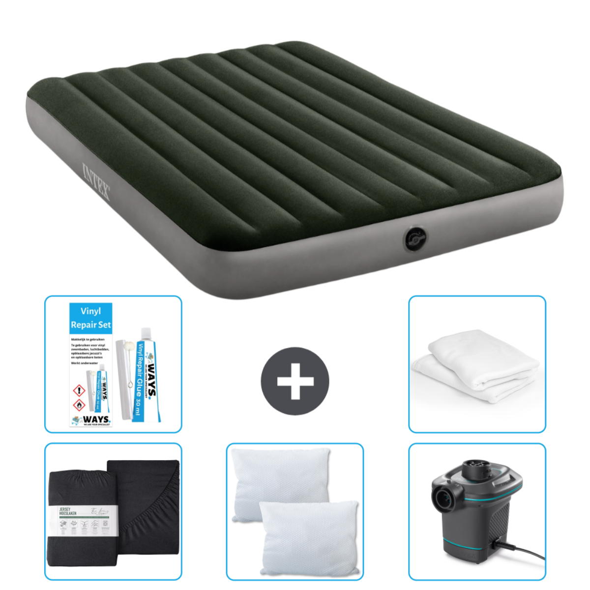 Matelas gonflable vert foncé, kit de réparation, oreillers, draps et pompe électrique.