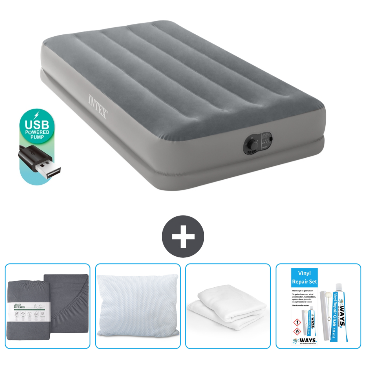 Lit gonflable gris avec accessoires : draps, oreiller et kit de réparation. Pompe USB incluse.