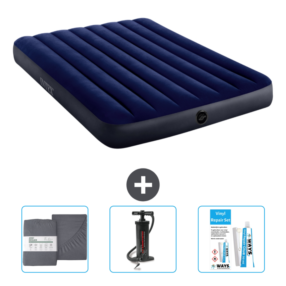 Blauw opblaasbaar bed met accessoires: laken, pomp en reparatieset.