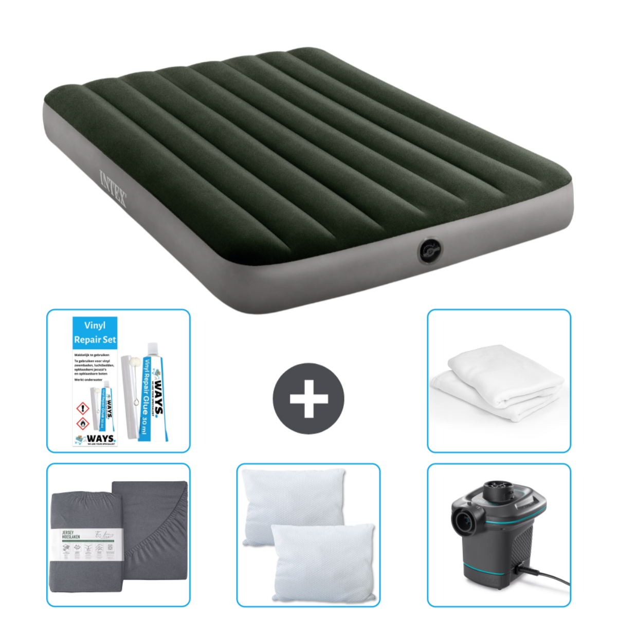 Matelas pneumatique Intex vert avec accessoires, oreillers et kit de réparation.