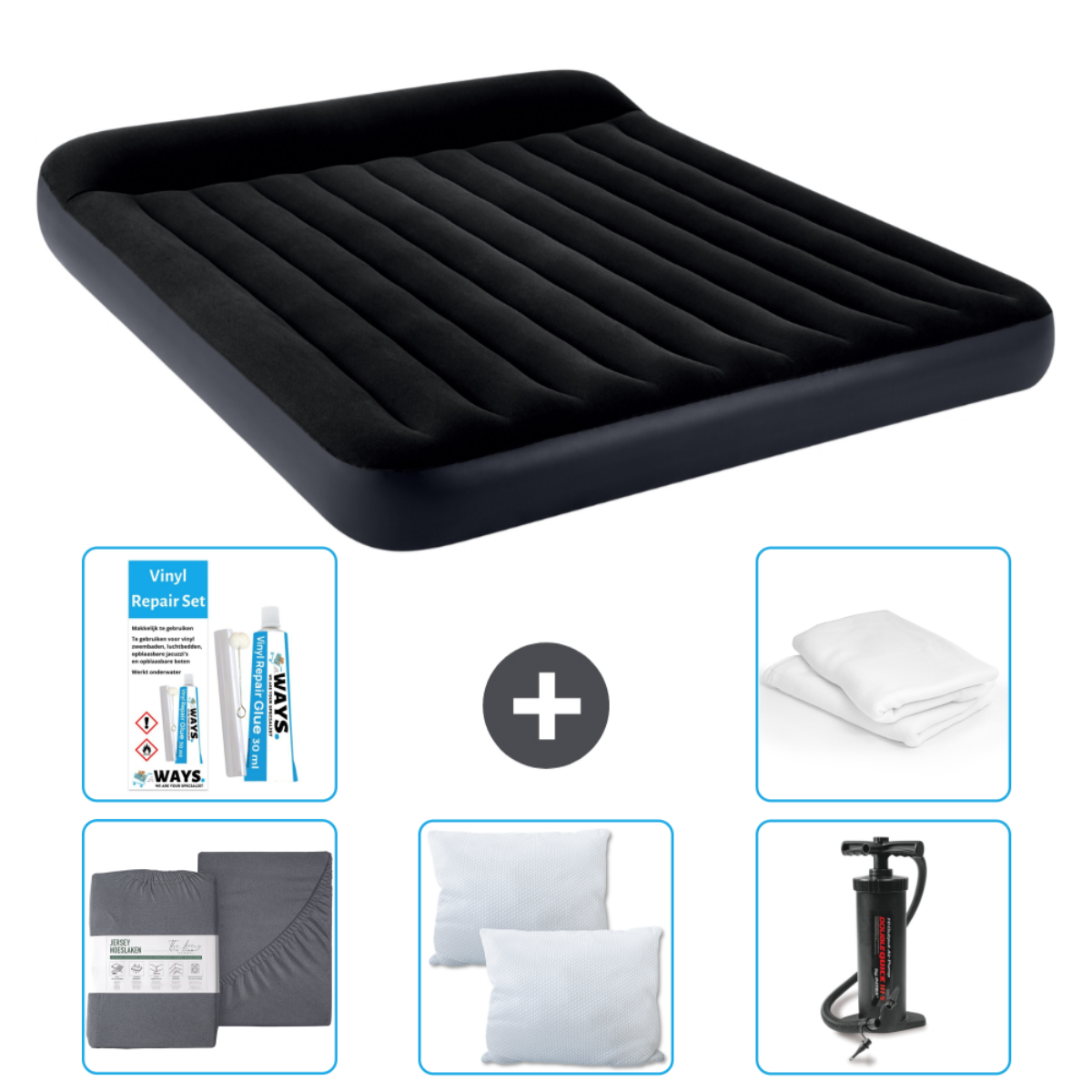 Matelas gonflable noir avec accessoires: pompe, draps, oreiller, kit. Marque INTEX.