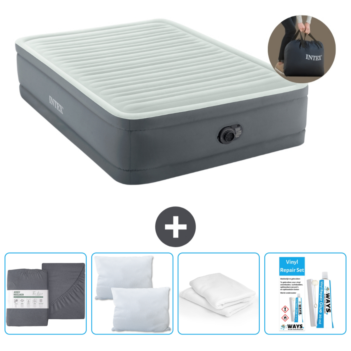 Grijze Intex luchtmatras, inclusief draagtas, lakens, kussens en een reparatieset.