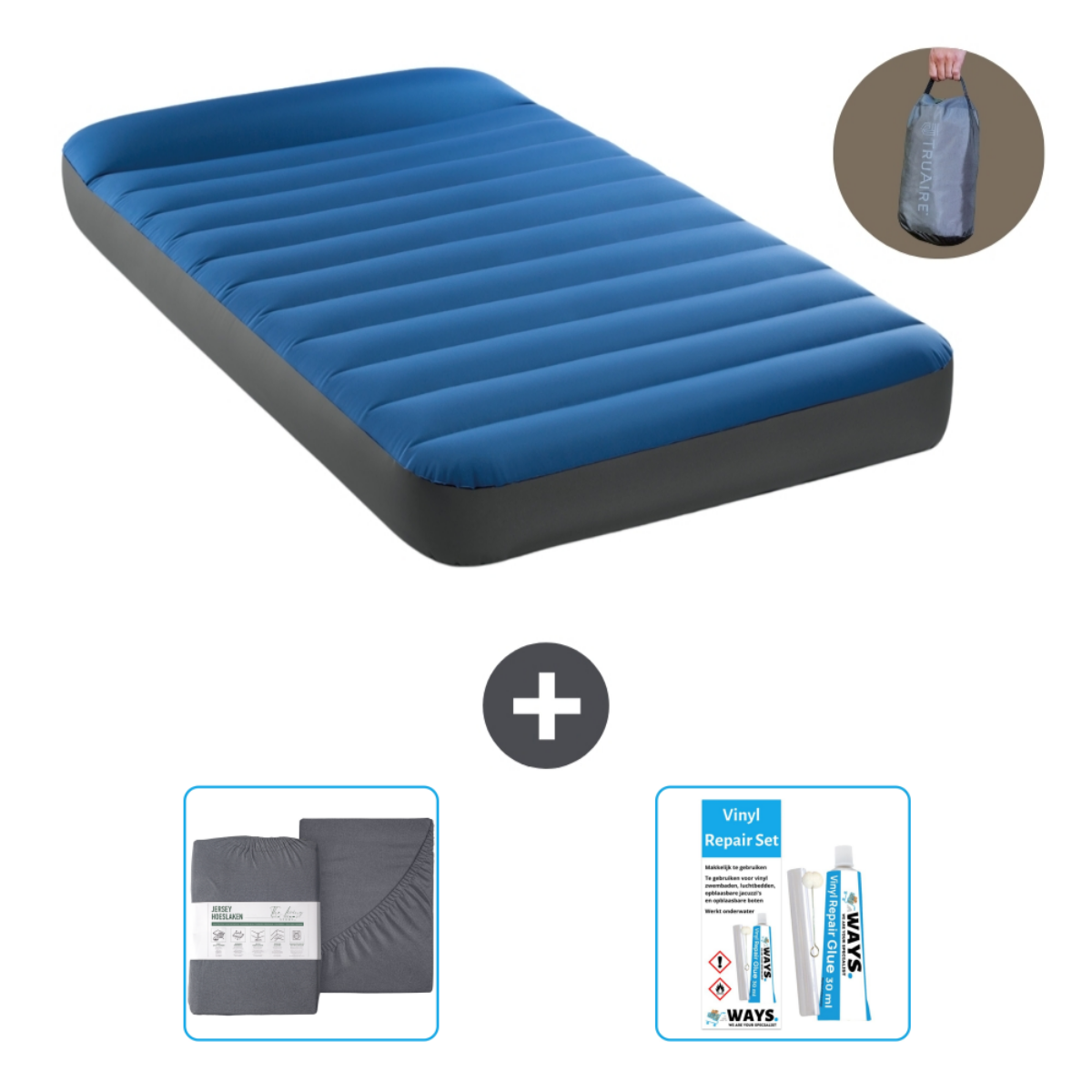 Matelas gonflable bleu avec ensemble de draps, kit de réparation et sac de transport.