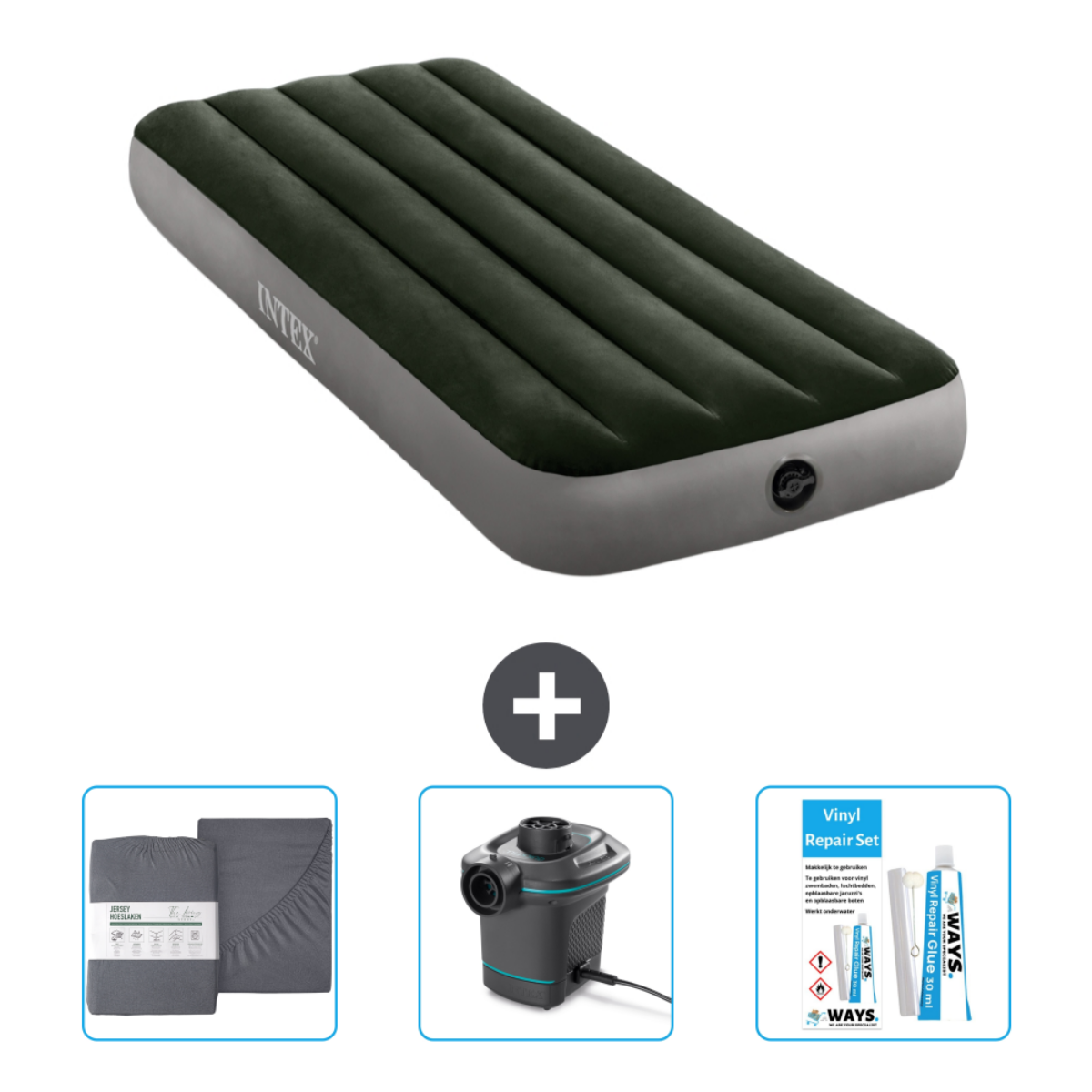 Matelas gonflable vert avec accessoires : literie grise, kit de réparation et pompe électrique.