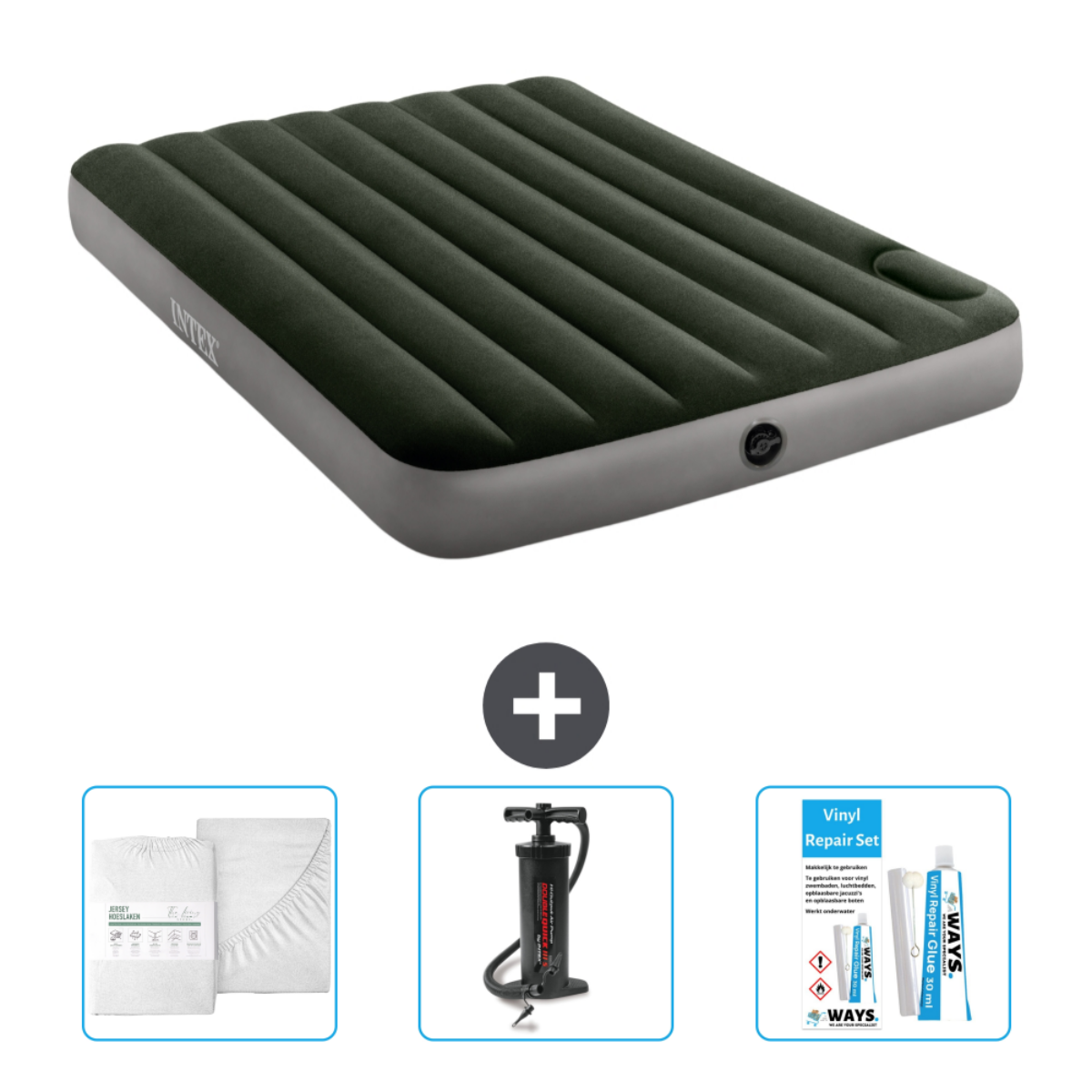 Matelas gonflable Intex vert, comprend draps, pompe et kit de réparation.